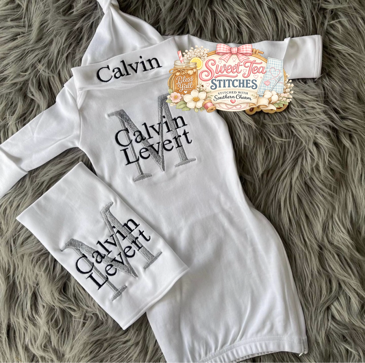 Signature Initial Gown Set & Burping Cloth
