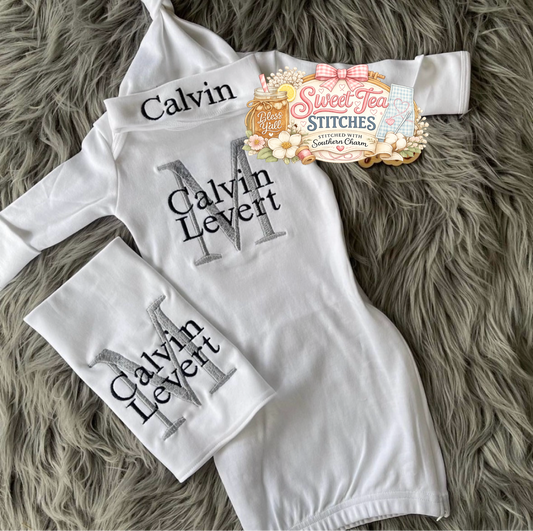 Signature Initial Gown Set & Burping Cloth