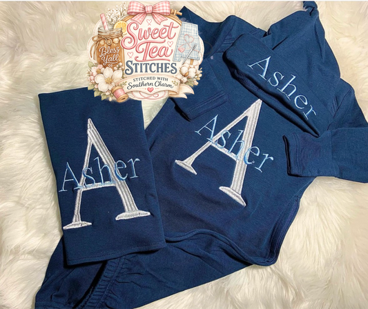 Signature Initial Gown Set & Burping Cloth (NAVY)